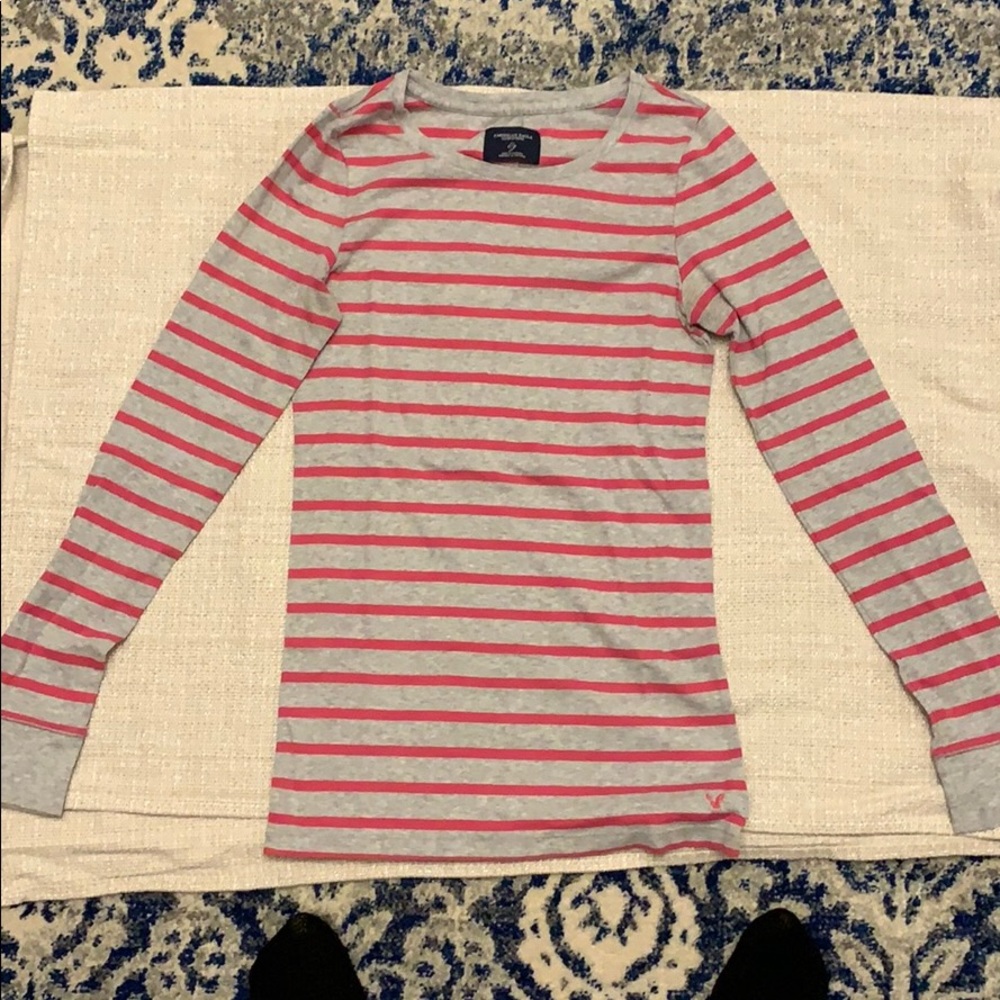 Pink/gray striped long sleeve shirt American Eagle
